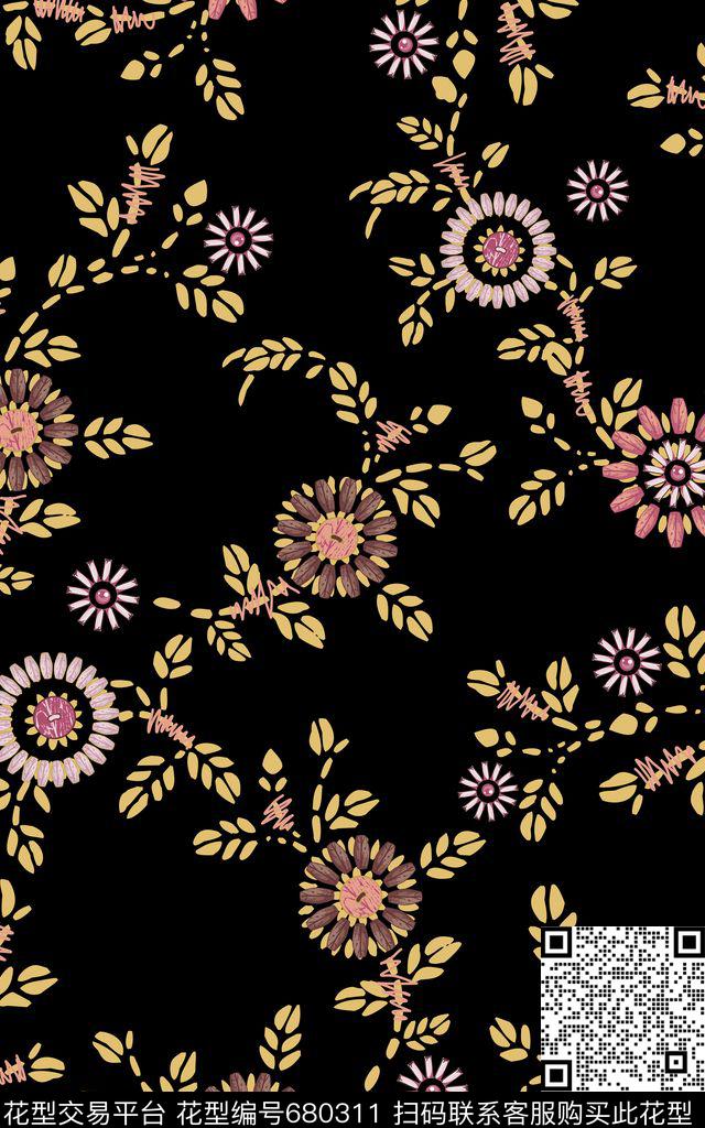 花朵抽象花卉绣花电绣传统印花华亿平台下载（图片编号: 680311） - 瓦栏（Walan）