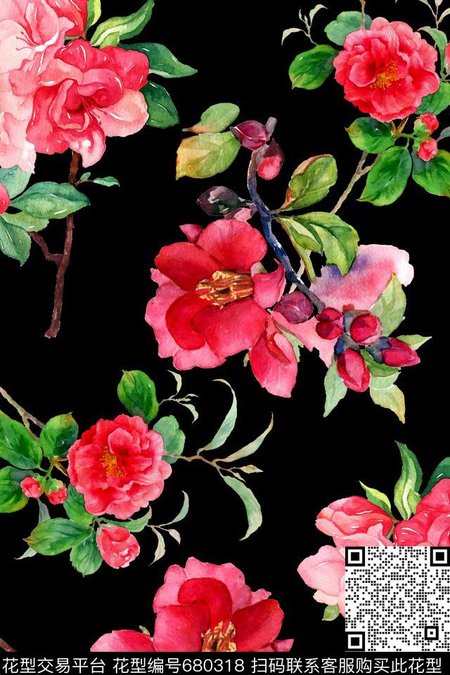 水彩花卉数码印花华亿平台下载（图片编号: 680318） - 瓦栏（Walan）