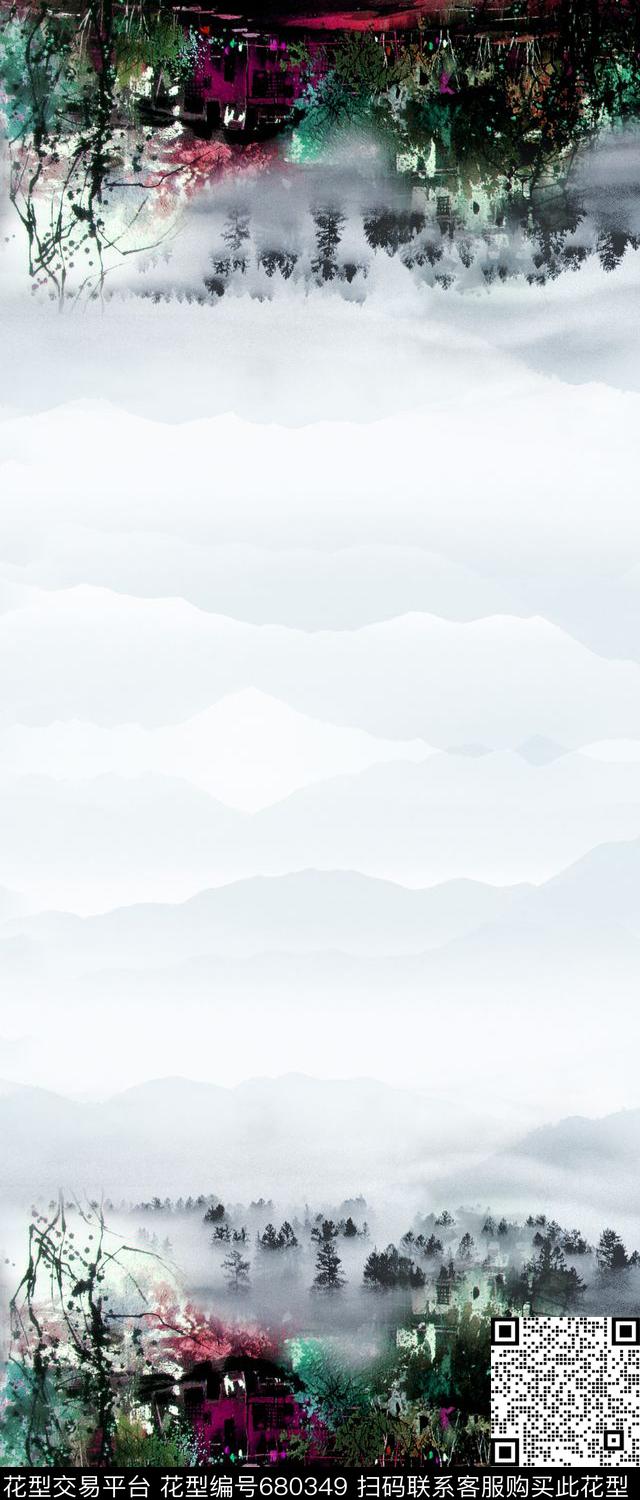 水彩水墨风景数码印花华亿平台下载（图片编号: 680349） - 瓦栏（Walan）