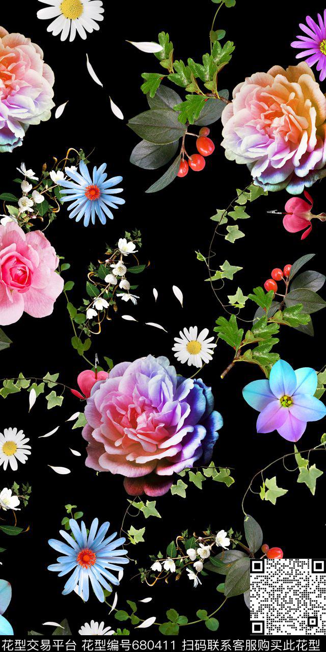 树叶枝条牡丹玫瑰花数码印花华亿平台下载（图片编号: 680411） - 瓦栏（Walan）