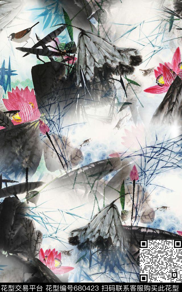 中国风荷花莲数码印花华亿平台下载（图片编号: 680423） - 瓦栏（Walan）