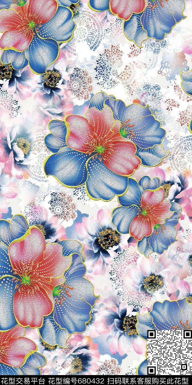手绘花卉底纹云纹肌理时尚蕾丝清爽大气数码印花华亿平台下载（图片编号: 680432） - 瓦栏（Walan）