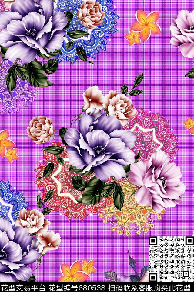 牡丹花、格子、小花、民族风数码印花华亿平台下载（图片编号: 680538） - 瓦栏（Walan）