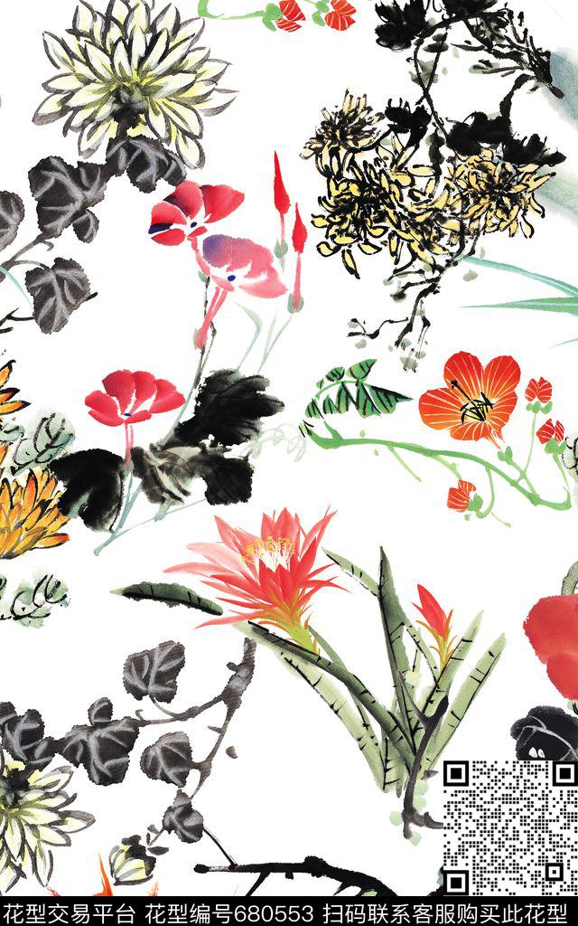 牡丹菊花中国风数码印花华亿平台下载（图片编号: 680553） - 瓦栏（Walan）