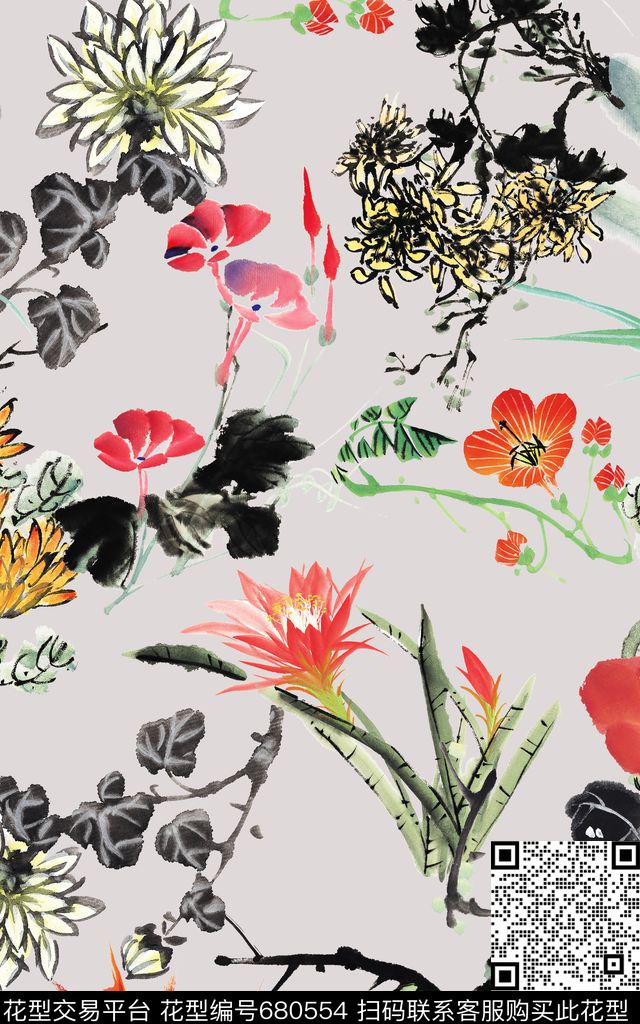 牡丹菊花中国风数码印花华亿平台下载（图片编号: 680554） - 瓦栏（Walan）