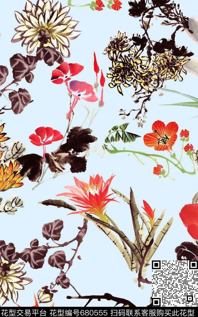 牡丹菊花中国风数码印花华亿平台下载（图片编号: 680555） - 瓦栏（Walan）