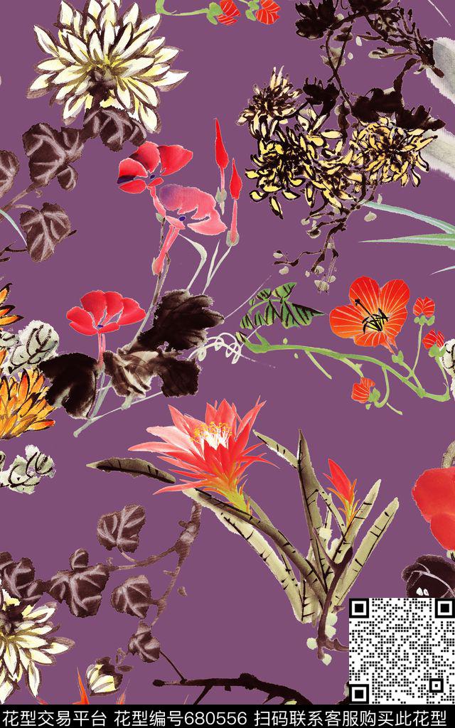 牡丹菊花中国风数码印花华亿平台下载（图片编号: 680556） - 瓦栏（Walan）
