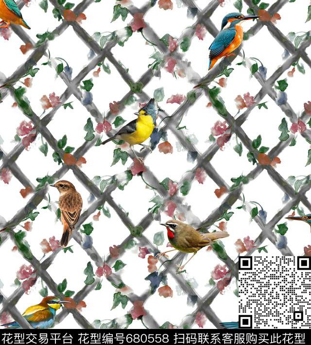 水墨鸟格子数码印花华亿平台下载（图片编号: 680558） - 瓦栏（Walan）
