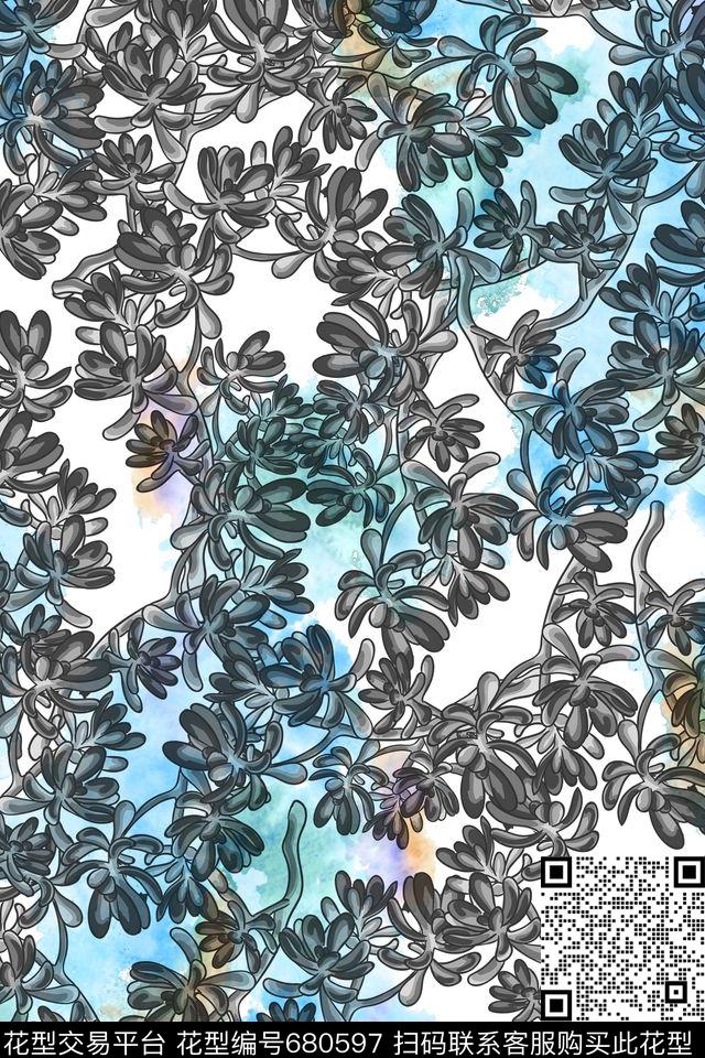 黑白风花枝花纹数码印花华亿平台下载（图片编号: 680597） - 瓦栏（Walan）