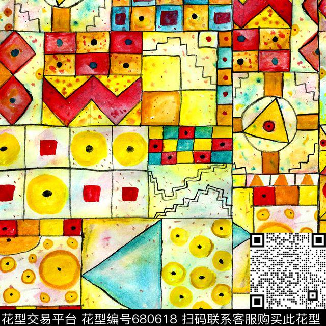手绘几何水彩风格民族风数码印花华亿平台下载（图片编号: 680618） - 瓦栏（Walan）