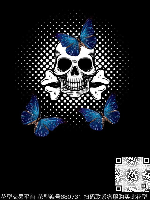 骷髅头趣味蝴蝶数码印花华亿平台下载（图片编号: 680731） - 瓦栏（Walan）