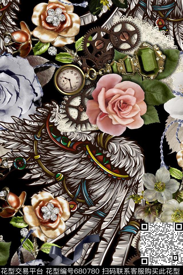 花卉羽毛暗黑数码印花华亿平台下载（图片编号: 680780） - 瓦栏（Walan）