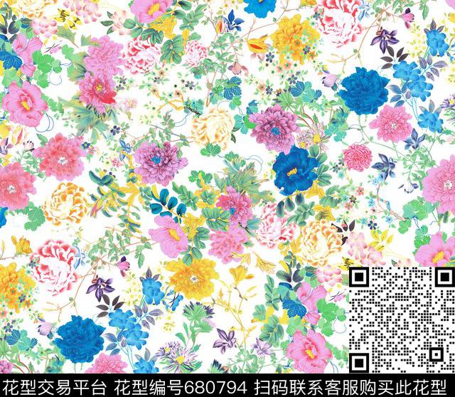 牡丹大花玫瑰传统印花华亿平台下载（图片编号: 680794） - 瓦栏（Walan）