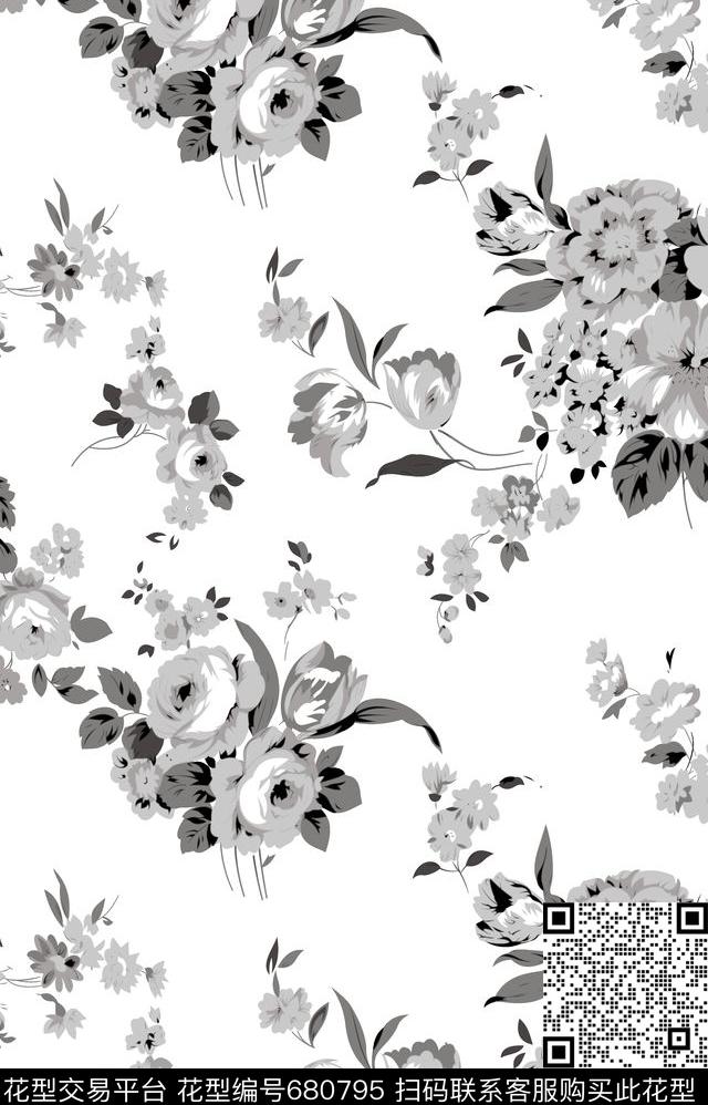花朵花卉黑灰传统印花华亿平台下载（图片编号: 680795） - 瓦栏（Walan）