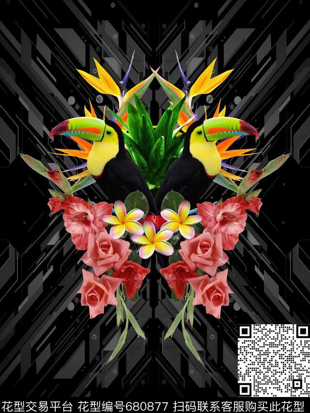 花朵花卉大嘴鹦鹉数码印花华亿平台下载（图片编号: 680877） - 瓦栏（Walan）
