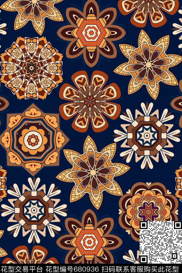 手绘民族风花纹传统印花华亿平台下载（图片编号: 680936） - 瓦栏（Walan）