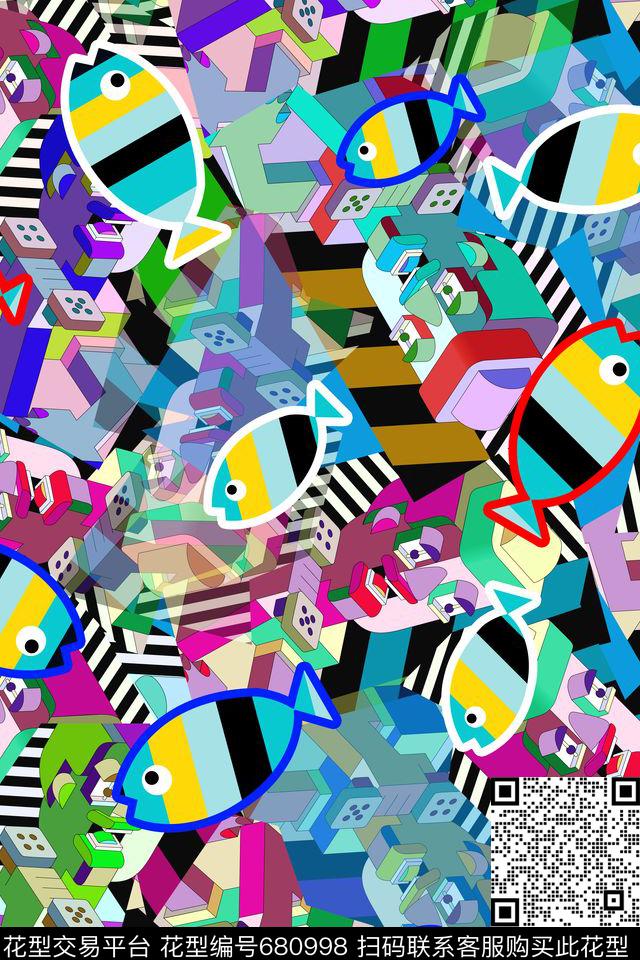 儿童画机器人鱼儿传统印花华亿平台下载（图片编号: 680998） - 瓦栏（Walan）