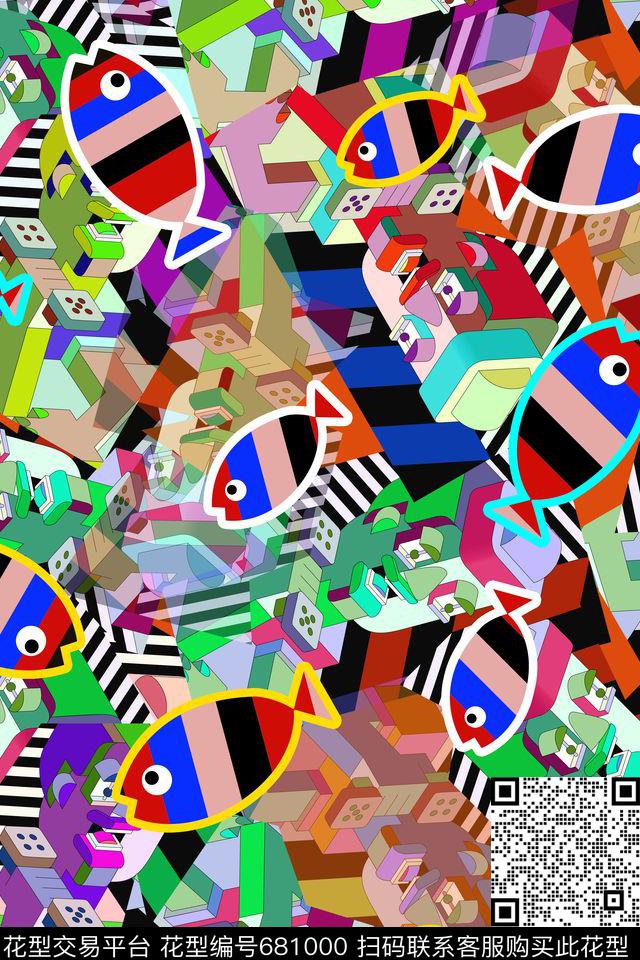 儿童画机器人鱼儿传统印花华亿平台下载（图片编号: 681000） - 瓦栏（Walan）