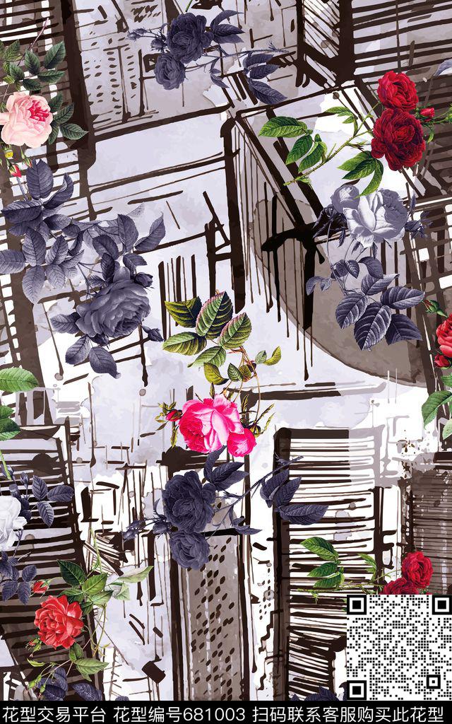 花朵花卉房屋建筑大厦数码印花华亿平台下载（图片编号: 681003） - 瓦栏（Walan）
