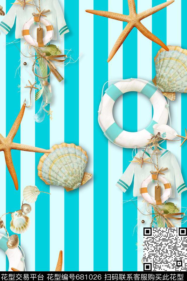 热带鱼海滩海军条纹数码印花华亿平台下载（图片编号: 681026） - 瓦栏（Walan）