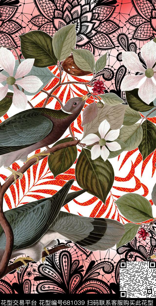 手绘鸟、蕾丝、树叶、条纹、定位数码印花华亿平台下载（图片编号: 681039） - 瓦栏（Walan）