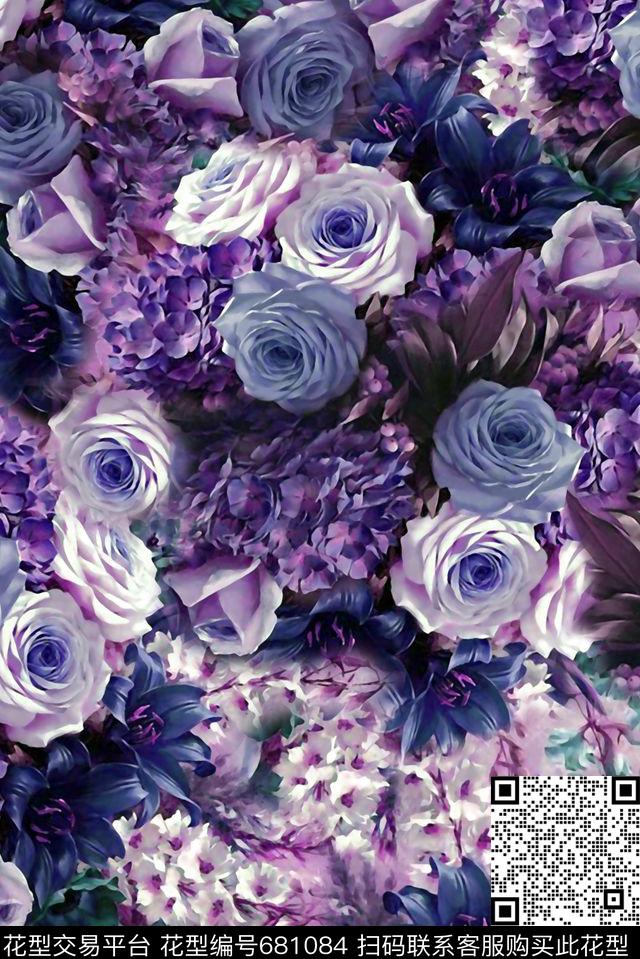 小碎花牡丹玫瑰数码印花华亿平台下载（图片编号: 681084） - 瓦栏（Walan）