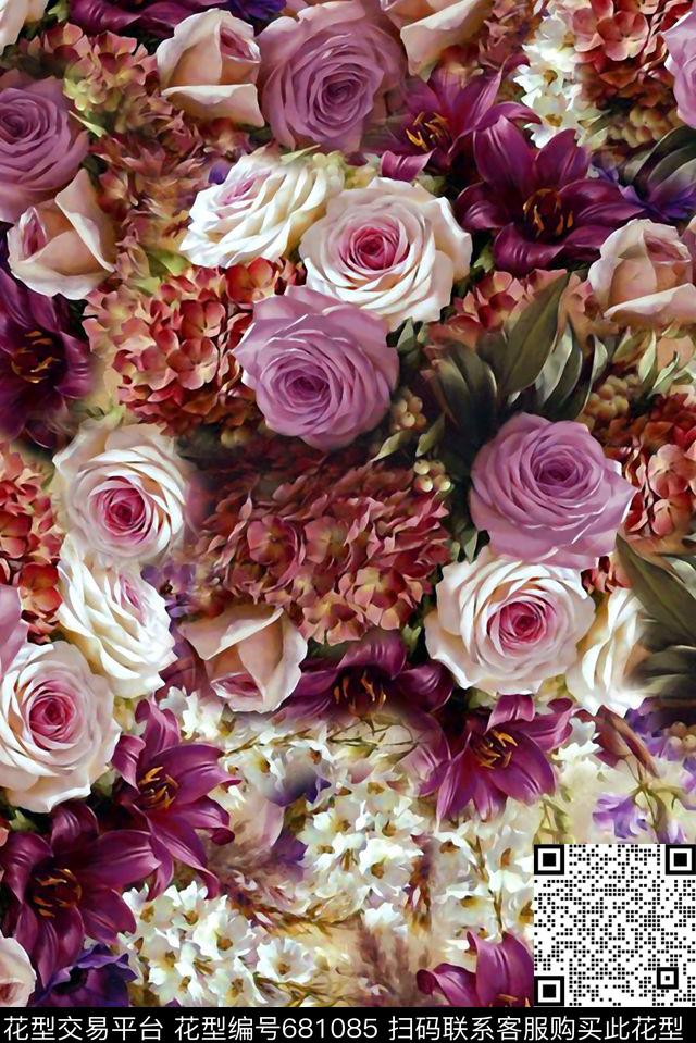 小碎花牡丹玫瑰数码印花华亿平台下载（图片编号: 681085） - 瓦栏（Walan）