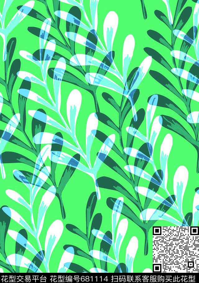 手绘风格树叶树叶热带植被传统印花华亿平台下载（图片编号: 681114） - 瓦栏（Walan）