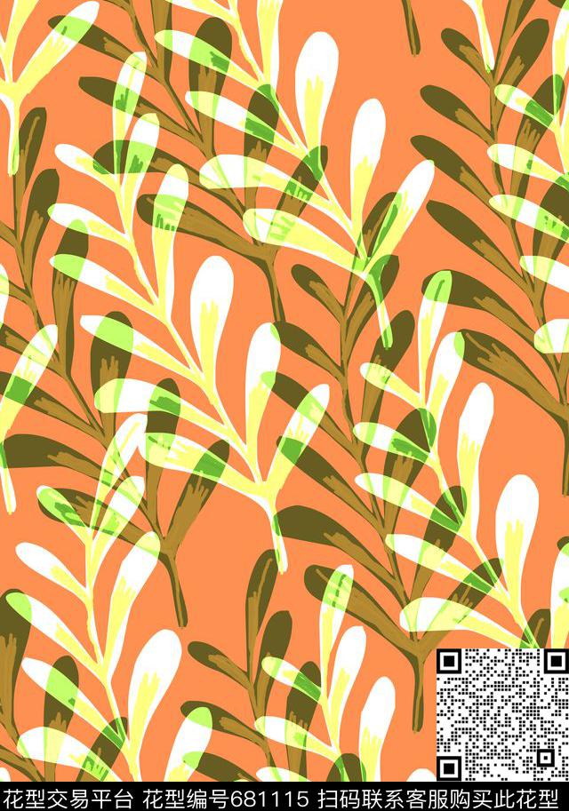 手绘风格树叶树叶热带植被传统印花华亿平台下载（图片编号: 681115） - 瓦栏（Walan）