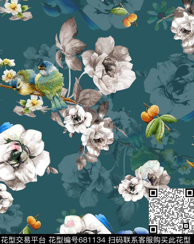 刺绣花鸟D&G水彩玫瑰数码印花华亿平台下载（图片编号: 681134） - 瓦栏（Walan）