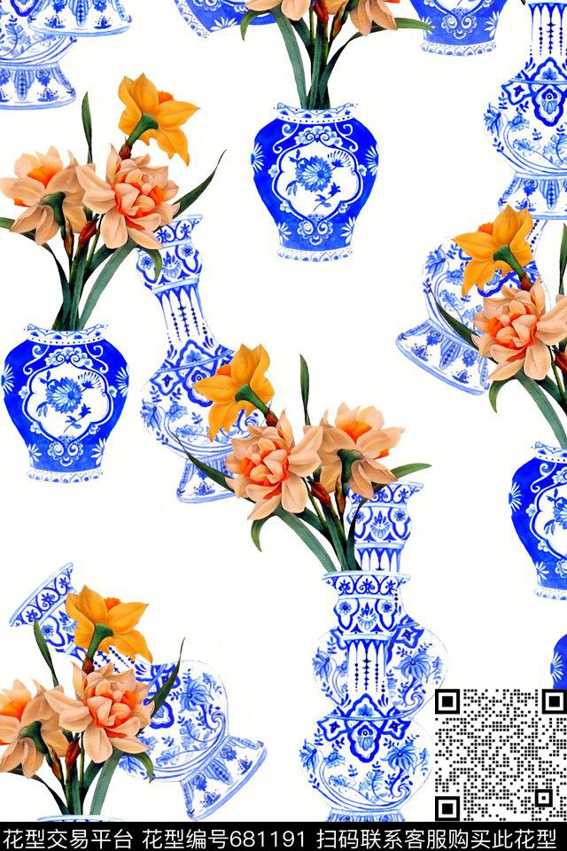 水彩花卉青花瓷数码印花华亿平台下载（图片编号: 681191） - 瓦栏（Walan）