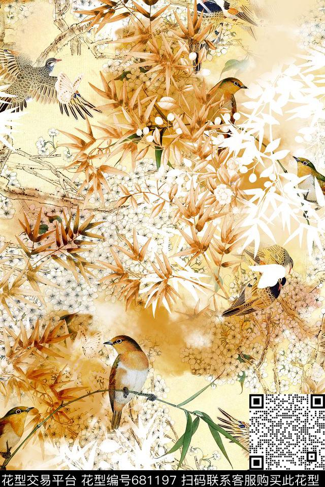 中国风淡雅花鸟数码印花华亿平台下载（图片编号: 681197） - 瓦栏（Walan）