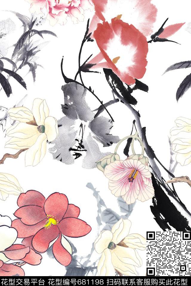 中国风淡雅花卉数码印花华亿平台下载（图片编号: 681198） - 瓦栏（Walan）