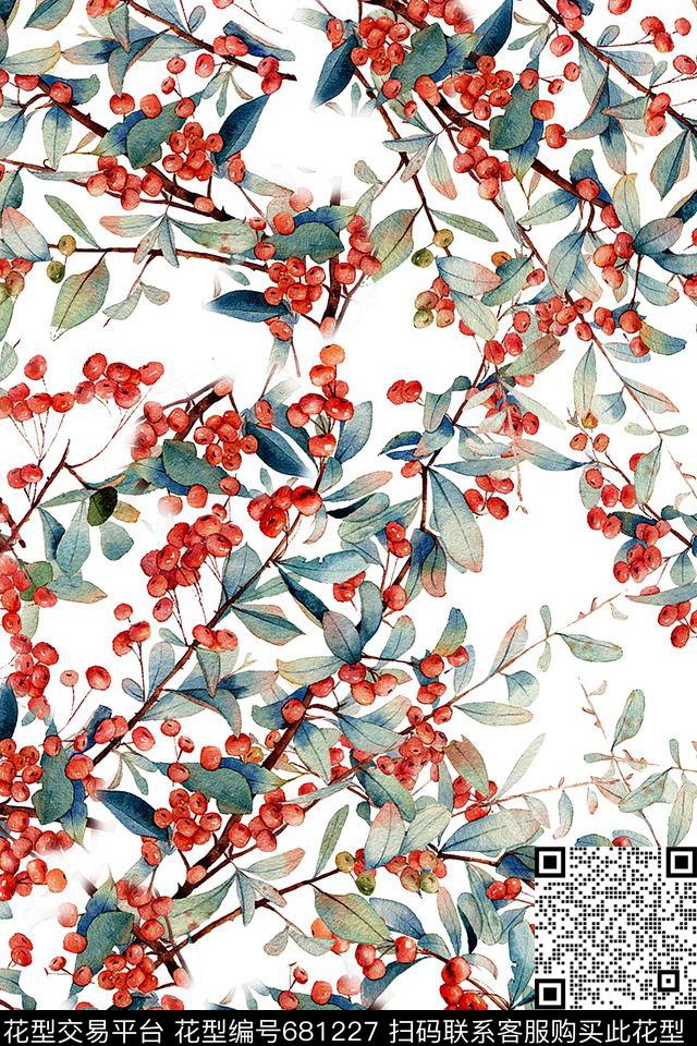 水彩花卉树枝小花数码印花华亿平台下载（图片编号: 681227） - 瓦栏（Walan）