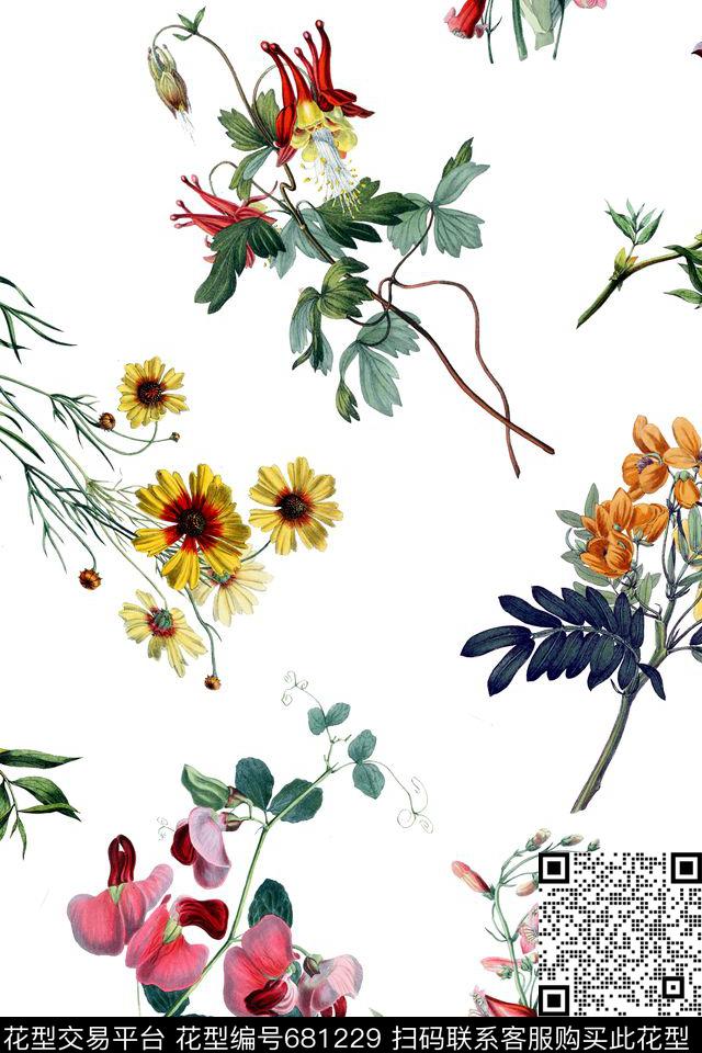 植物花卉散花连衣裙数码印花华亿平台下载（图片编号: 681229） - 瓦栏（Walan）