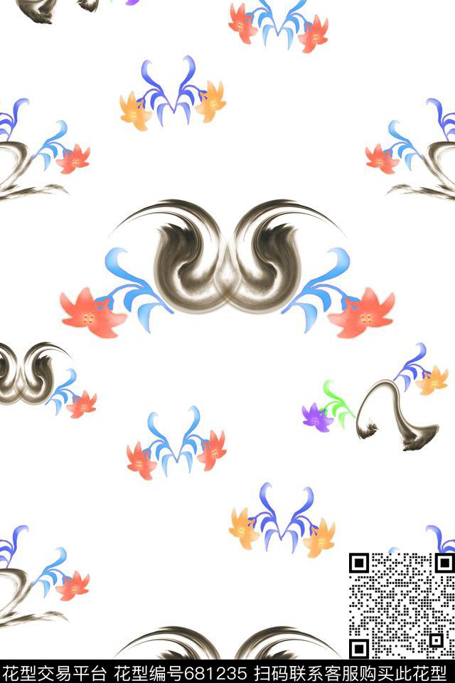 梦绕田园小花白黑红传统印花华亿平台下载（图片编号: 681235） - 瓦栏（Walan）