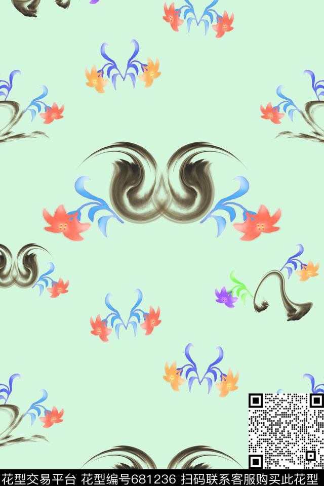 梦绕田园小花白黑红传统印花华亿平台下载（图片编号: 681236） - 瓦栏（Walan）