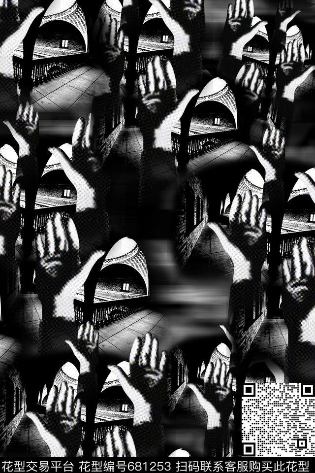 黑白建筑人物数码印花华亿平台下载（图片编号: 681253） - 瓦栏（Walan）