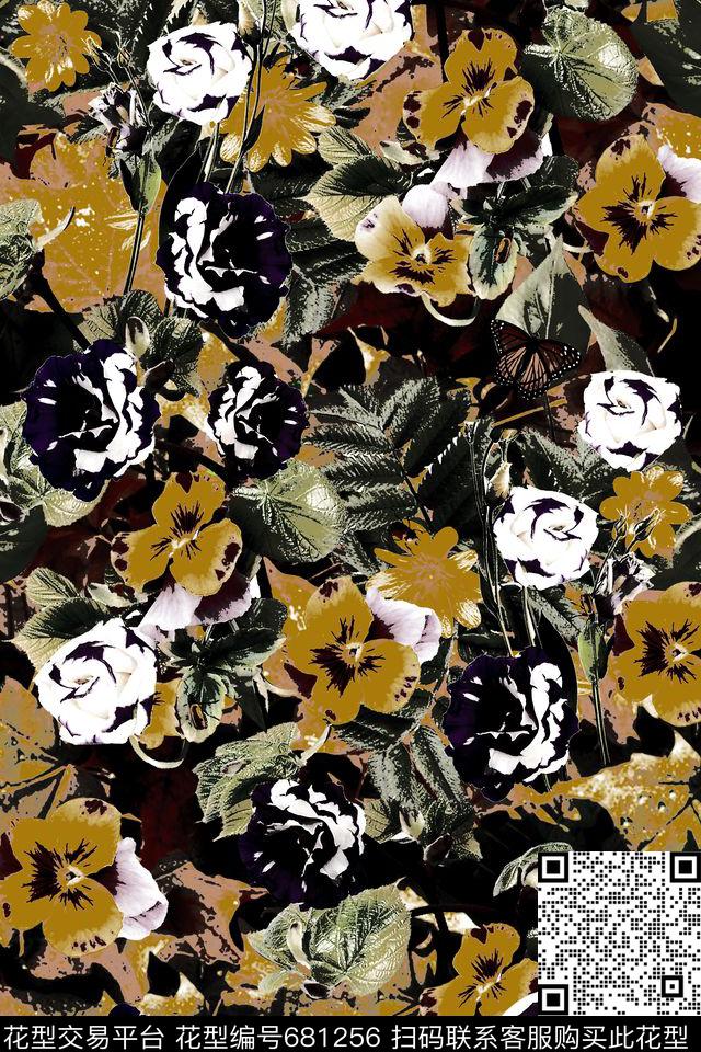 蝴蝶兰花卉枫叶落叶昆虫蝴蝶数码印花华亿平台下载（图片编号: 681256） - 瓦栏（Walan）