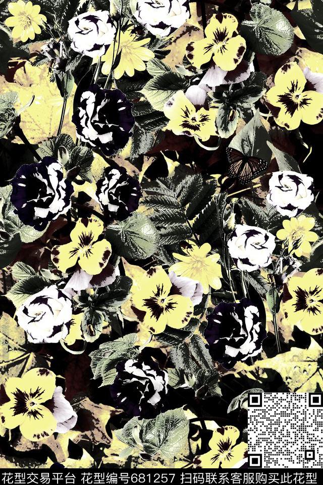 蝴蝶兰花卉枫叶落叶昆虫蝴蝶数码印花华亿平台下载（图片编号: 681257） - 瓦栏（Walan）