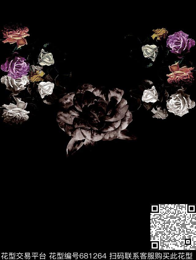 抽象手绘花卉玫瑰花数码印花男装T恤定位印花数码印花华亿平台下载（图片编号: 681264） - 瓦栏（Walan）