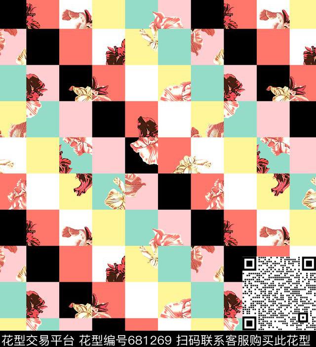 线描花卉叠加格子传统印花华亿平台下载（图片编号: 681269） - 瓦栏（Walan）