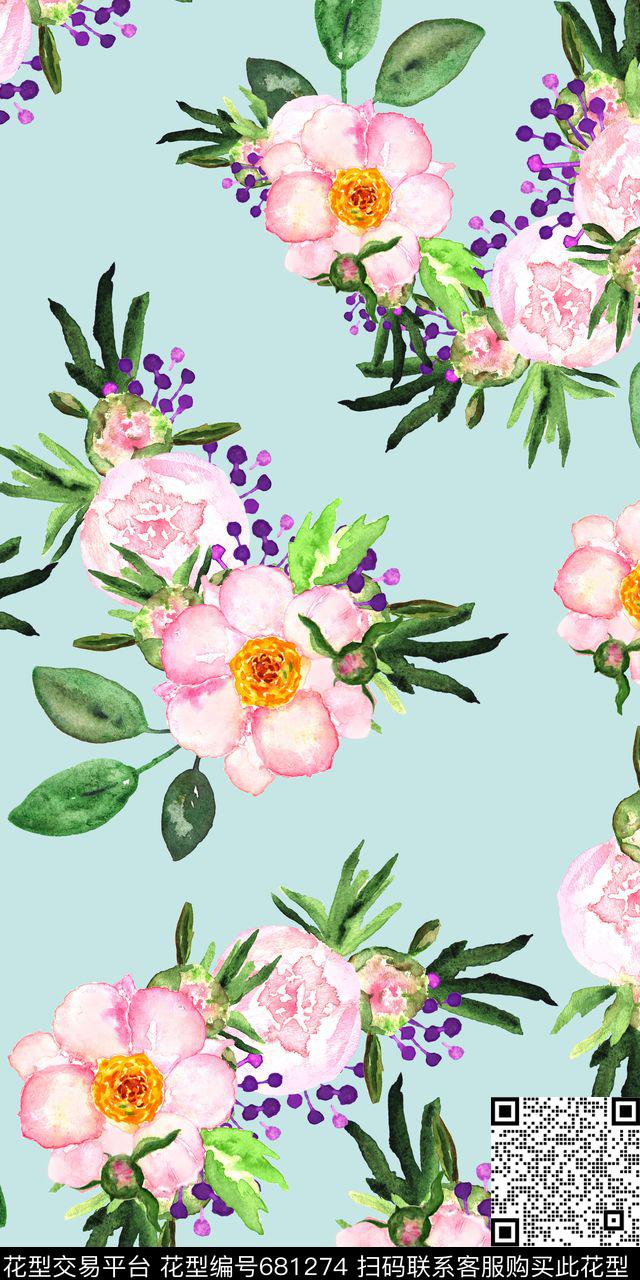 清爽素雅手绘花卉大牌时尚数码印花华亿平台下载（图片编号: 681274） - 瓦栏（Walan）