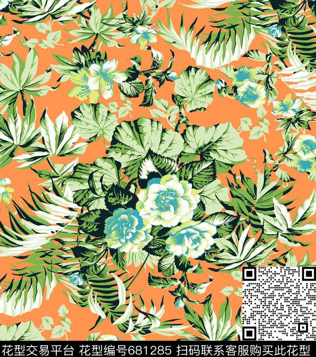 花卉大花棕榈叶传统印花华亿平台下载（图片编号: 681285） - 瓦栏（Walan）