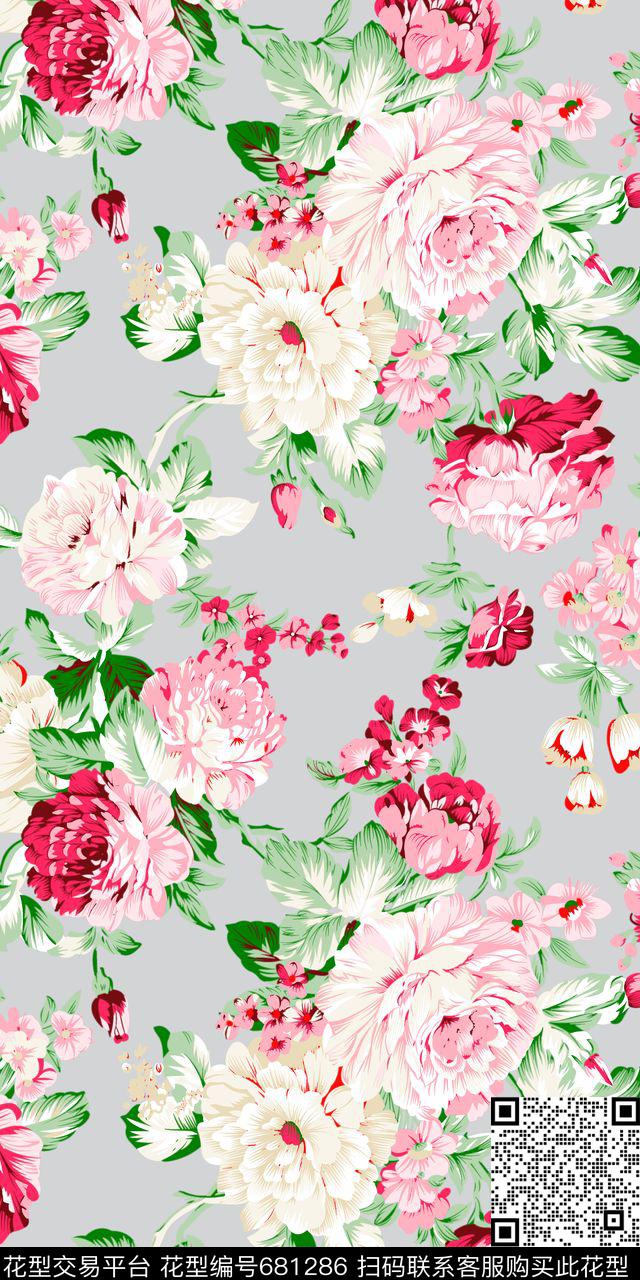 乱花大花玫瑰传统印花华亿平台下载（图片编号: 681286） - 瓦栏（Walan）