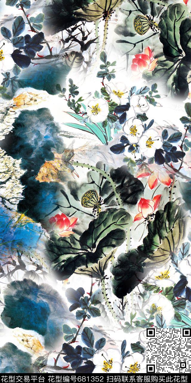 大气中国风荷叶荷叶国画花卉数码印花华亿平台下载（图片编号: 681352） - 瓦栏（Walan）