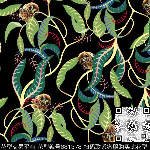 树叶蔓藤可爱猫头鹰数码印花华亿平台下载（图片编号: 681378） - 瓦栏（Walan）