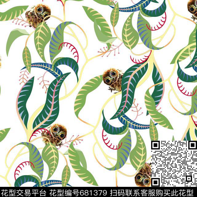 树叶蔓藤可爱猫头鹰数码印花华亿平台下载（图片编号: 681379） - 瓦栏（Walan）