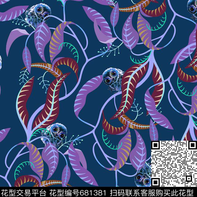 树叶蔓藤可爱猫头鹰数码印花华亿平台下载（图片编号: 681381） - 瓦栏（Walan）