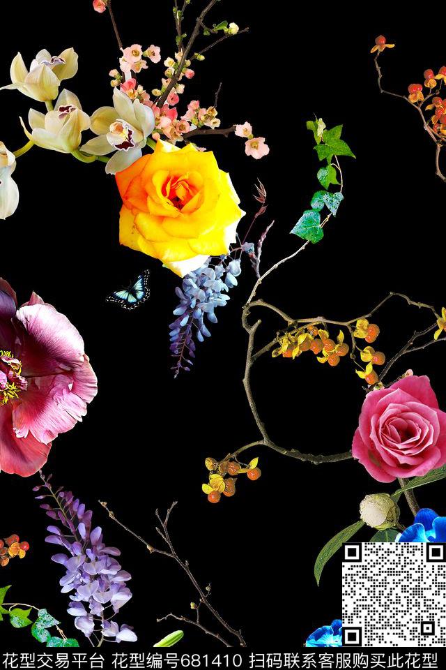 欧美3D真花花卉炫彩数码印花华亿平台下载（图片编号: 681410） - 瓦栏（Walan）